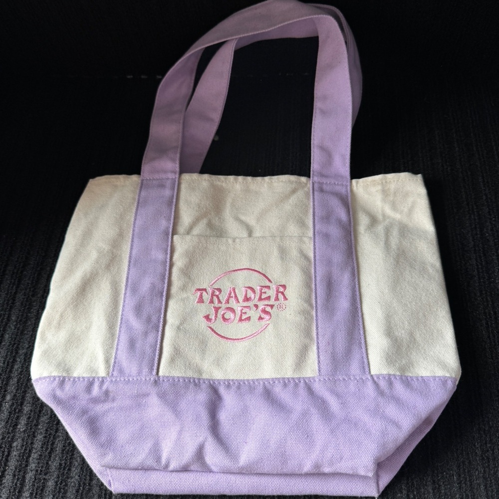 Trader Joes Mini Canvas Tote Bag Purple Lilac Limited Edition Grocery Handbag - Picture 2 of 10